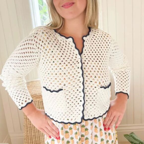 New CARA CARA Roma Cardigan Ivory Navy Crochet Medium - Picture 3 of 14